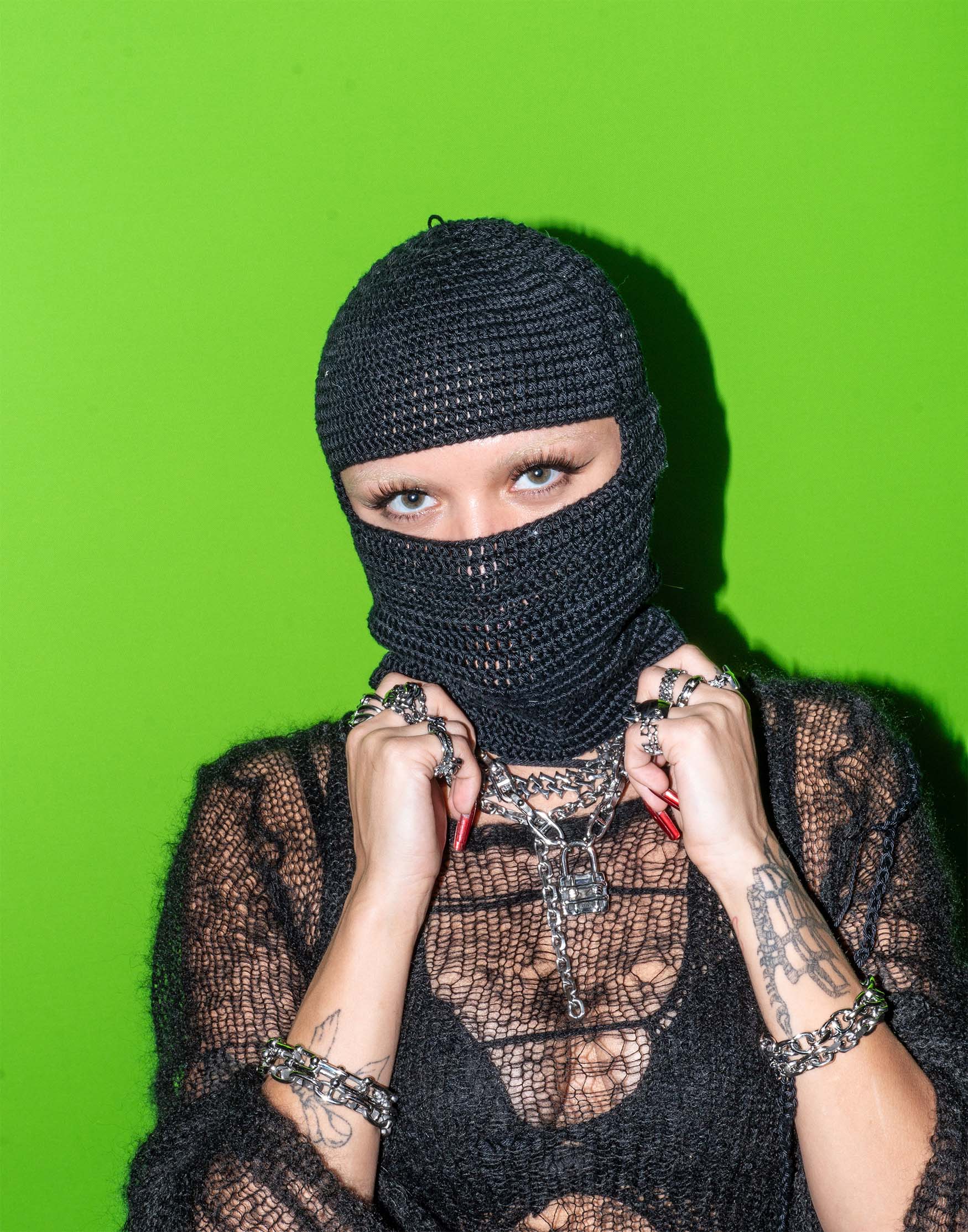 spicie ambie wearing personal fears - skimask - crochet top