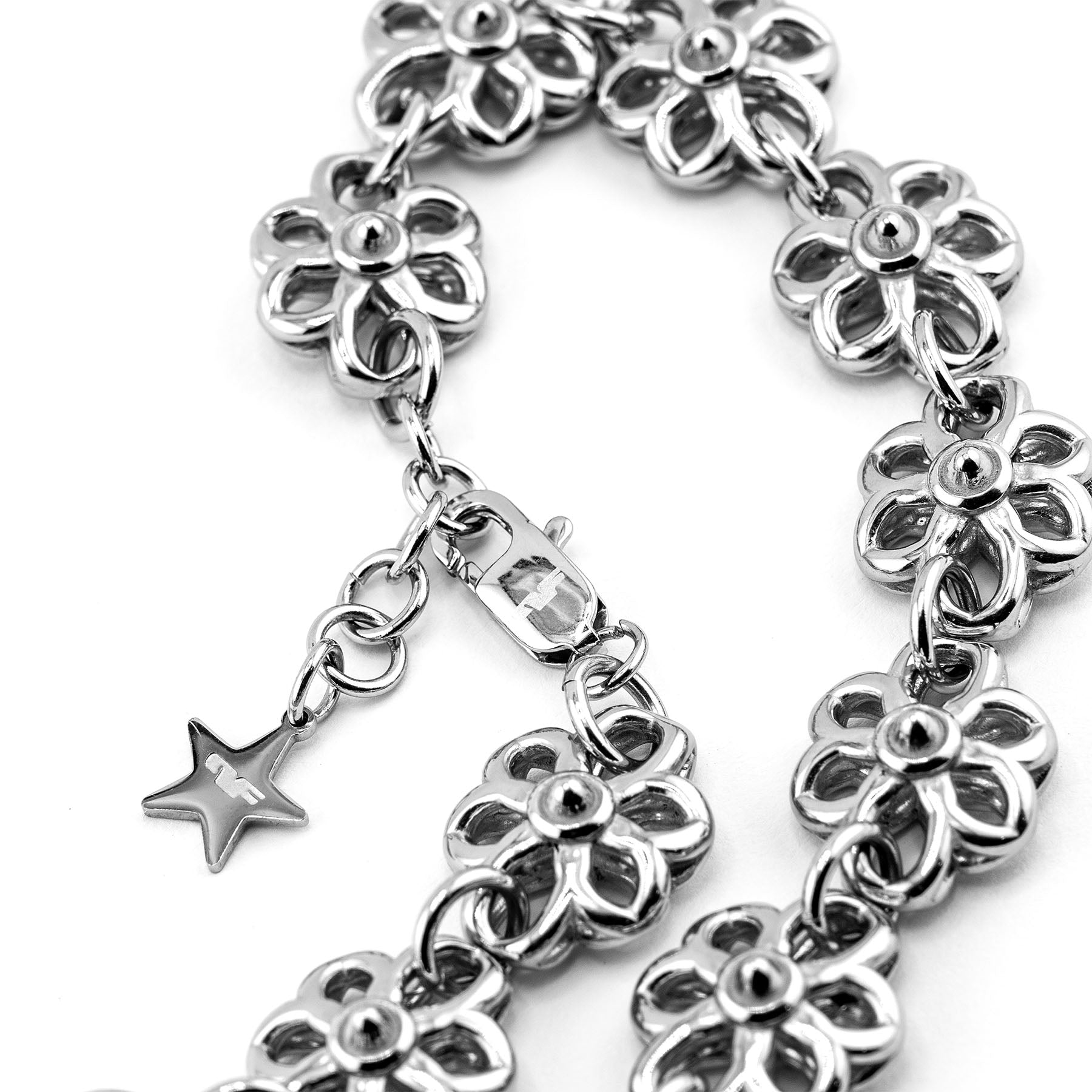 On sale Sterling Silver Chain Link Flower Bracelet with Security Chain