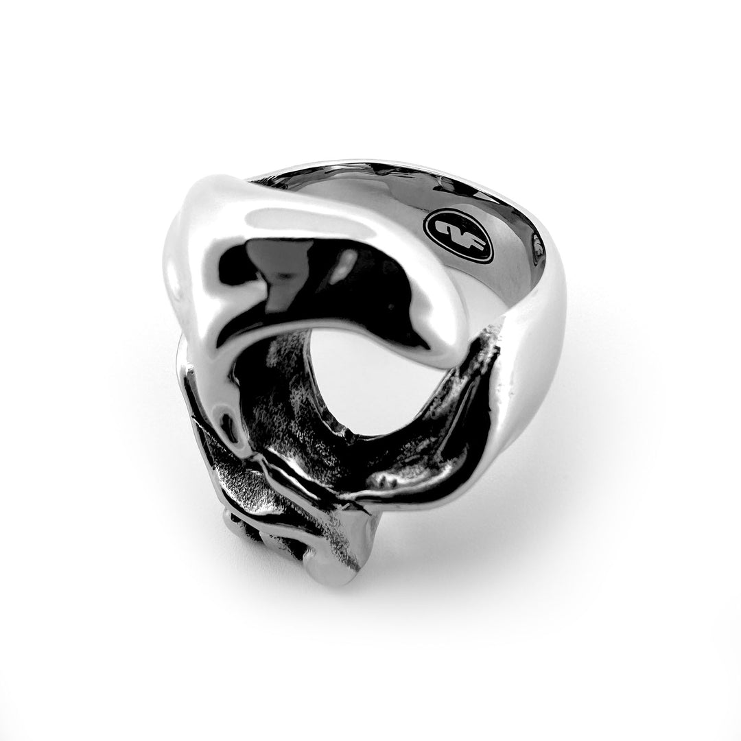 personal fears - liquid skull futuristic molten silver ring inside logo